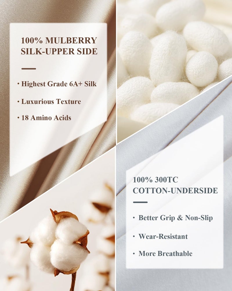 THXSILK 100% Mulberry Silk Pillowcase with Cotton Underside, Silk Pillowcase for Hair and Skin, Standard Size Grade 6A+ Silk, Soft Breathable Pillow Cover with Zipper, 1 Pack (Champagne,Standard) - Image 2